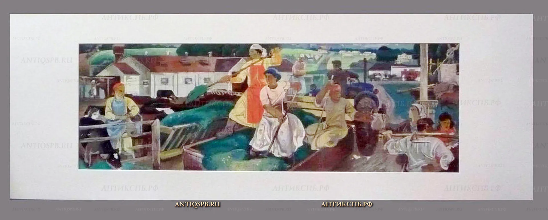 Картина "Колхоз. Коровник. Откорм скота". Бумага, темпера, паспарту. Ладвищенко Виктор Михайлович. Вт. пол. ХХ века. СССР. № 15082.6